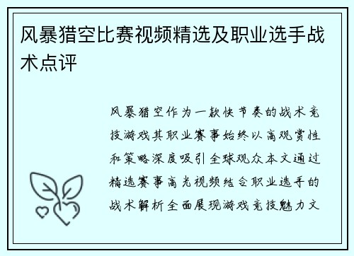 风暴猎空比赛视频精选及职业选手战术点评